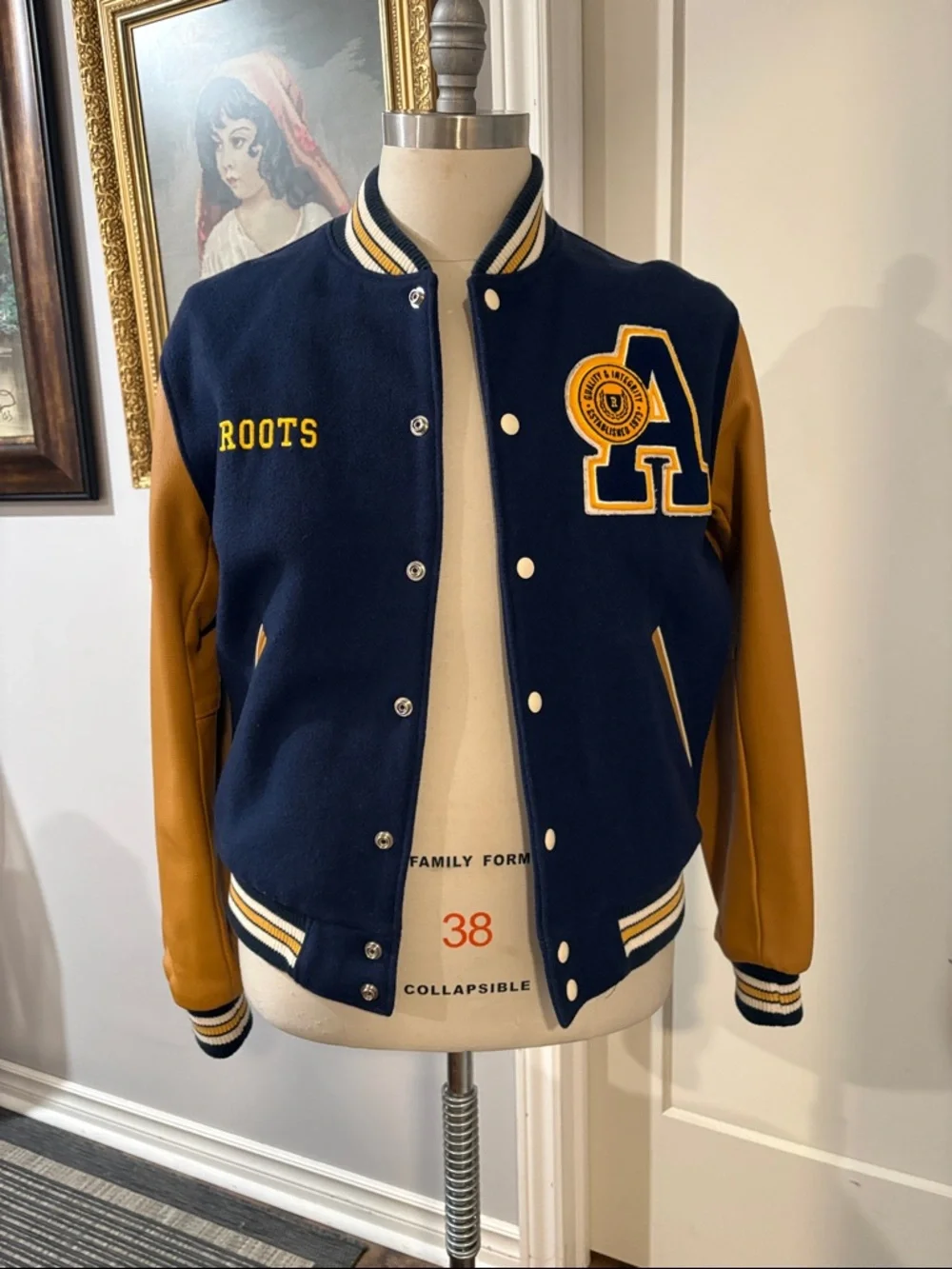 Roots Navy and Mustard Letterman Jacket  leather sleeves. - Picture 3 of 11